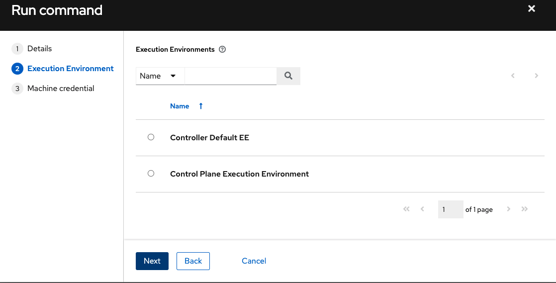 Ad hoc run command dialog prompting for Execution Environments with two listed to choose from