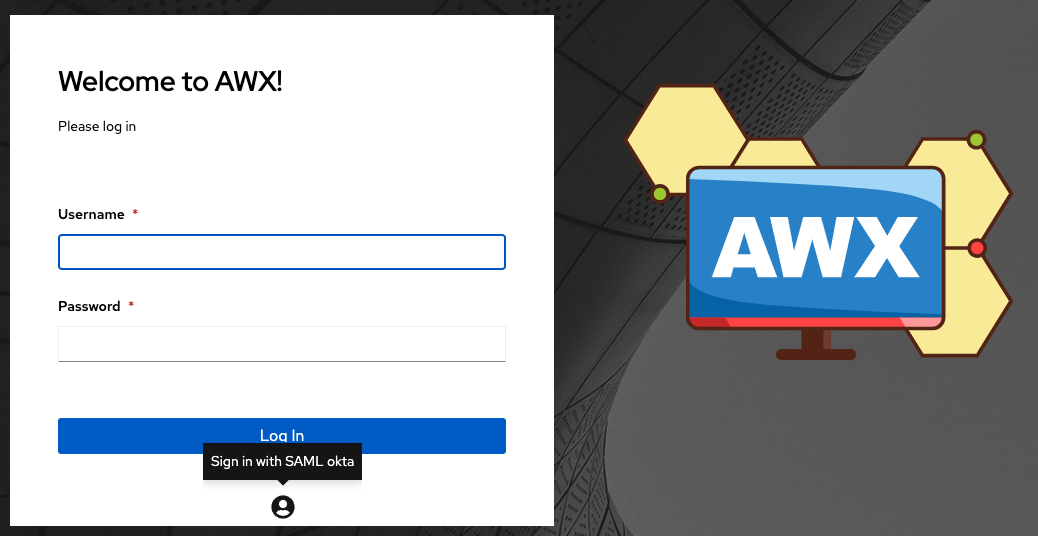 AWX login screen displaying the SAML logo for authentication.