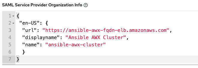 Configuring SAML Organization information in AWX.