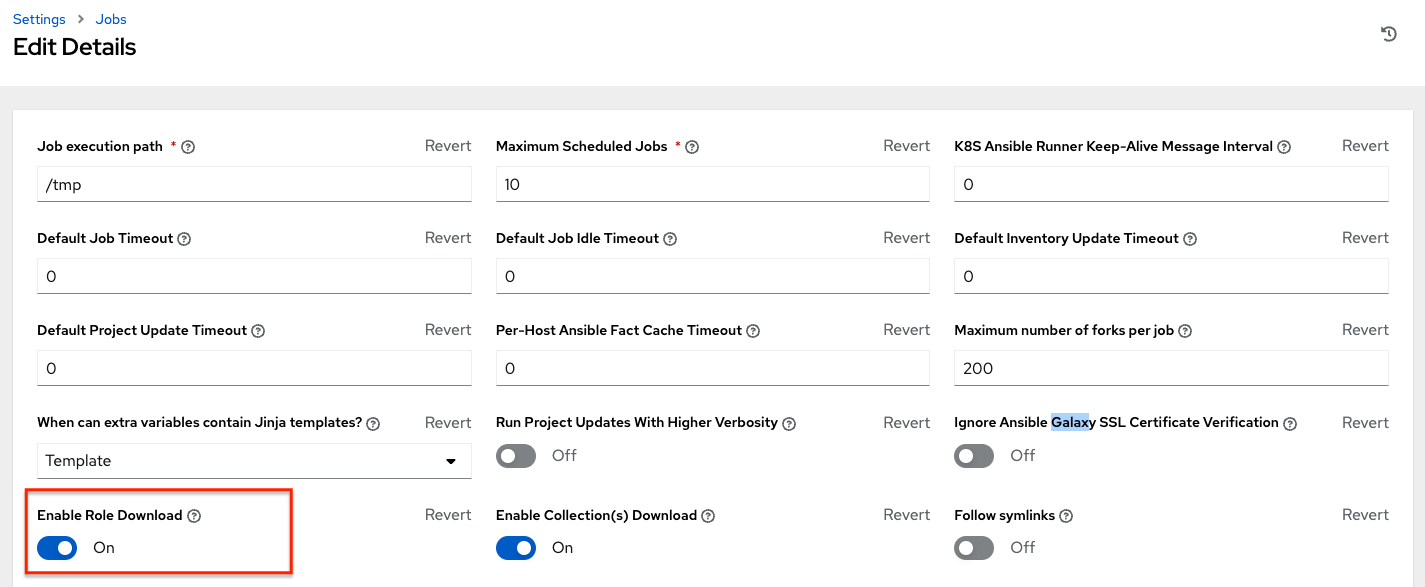 Job Settings page showing the option to Enable Role Download.