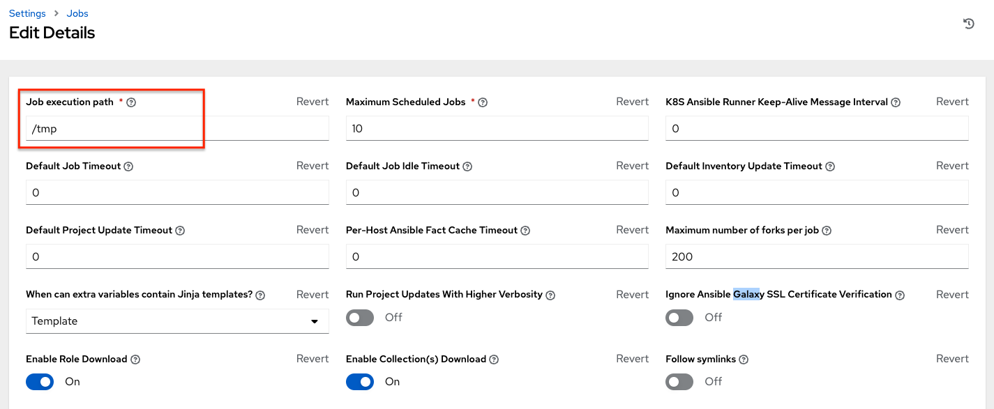 Job Settings page showing where to configure the Job execution path.