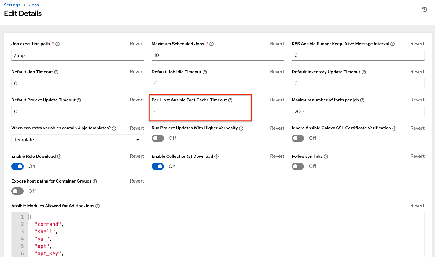 Jobs Settings window showing the location of the Per-Host Ansible Fact Cache Timeout parameter from the Edit Details screen.