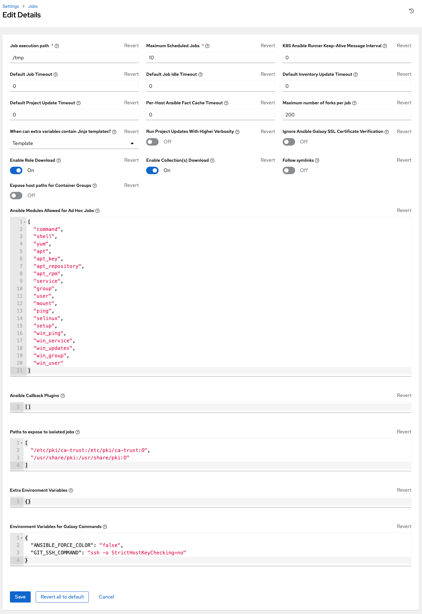 Screenshot of the AWX job configuration settings.