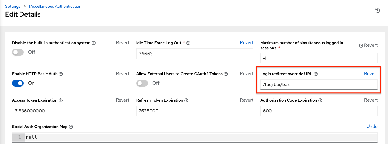 Configuring the login redirect URL in AWX Miscellaneous Authentication Settings.