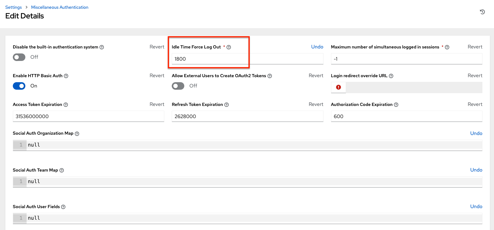 Miscellaneous Authentication settings showing the Idle Time Force Logout field where you can adjust the token validity period.