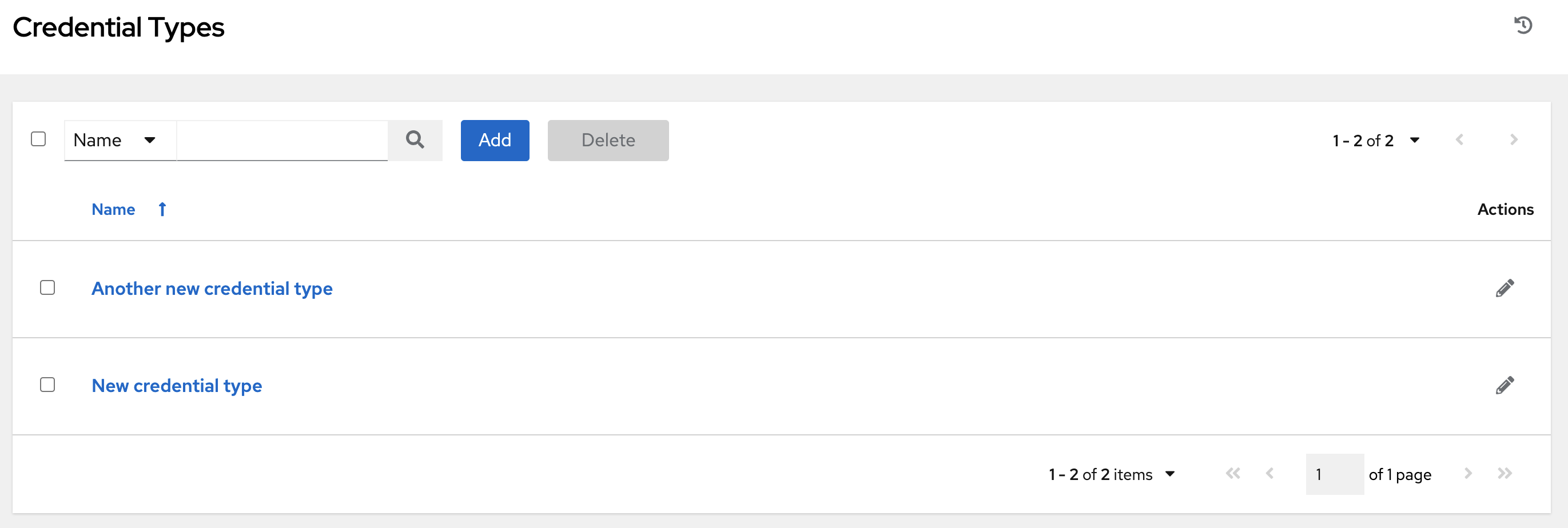 Credential Types list view with example credential types