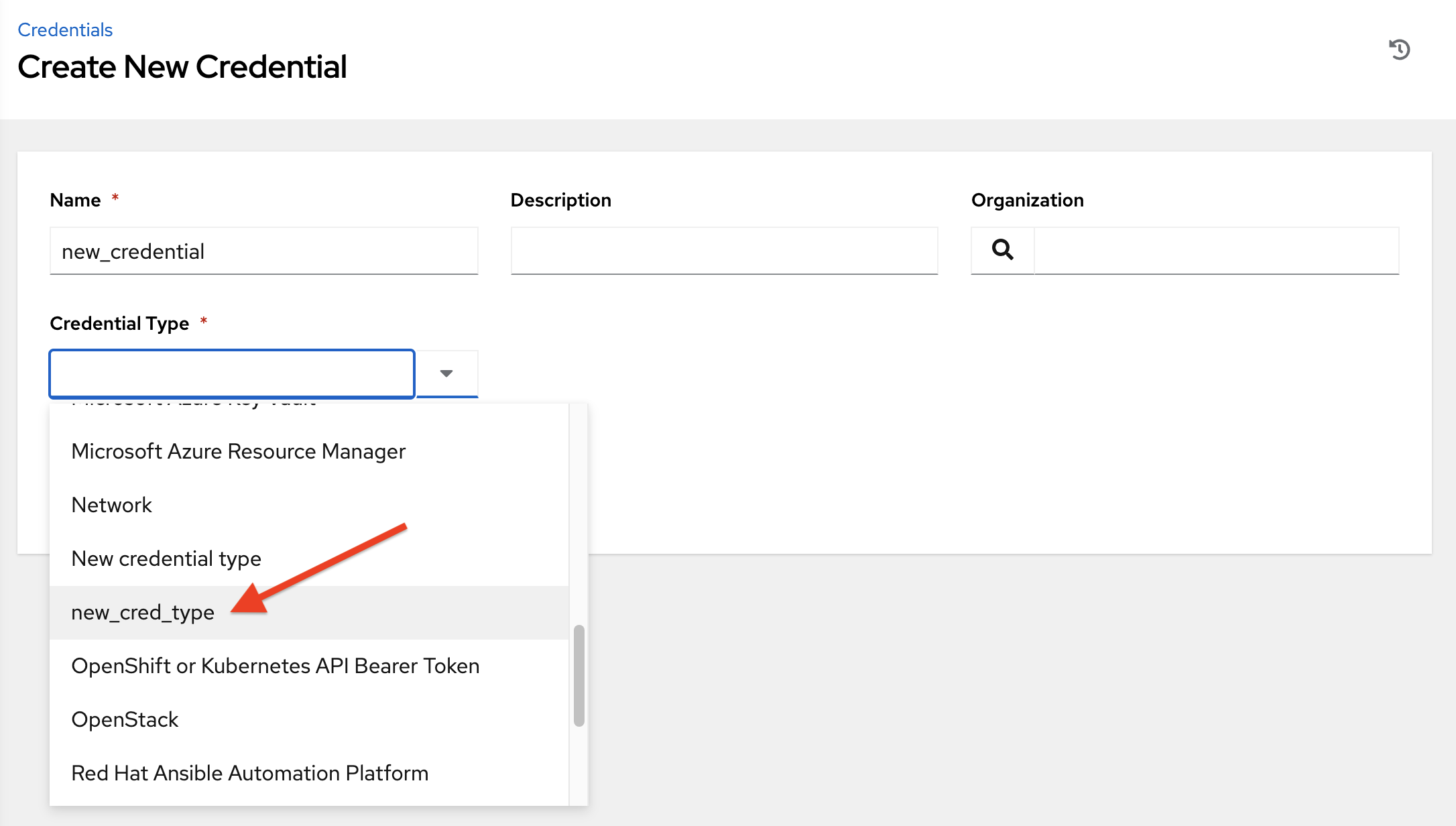 Newly created credential type selected from the credentials drop-down menu