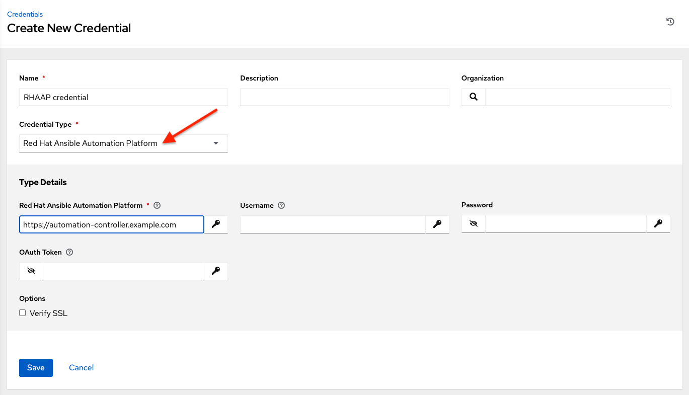 Credentials - create Red Hat Ansible Automation Platform credential form