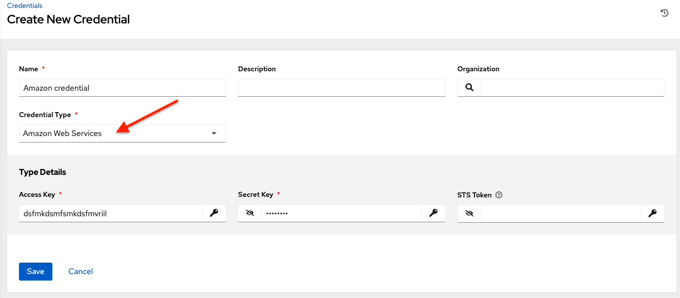 Credentials - create AWS credential form