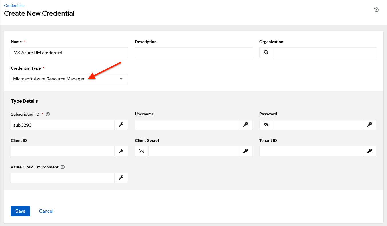 Credentials - create Azure credential form