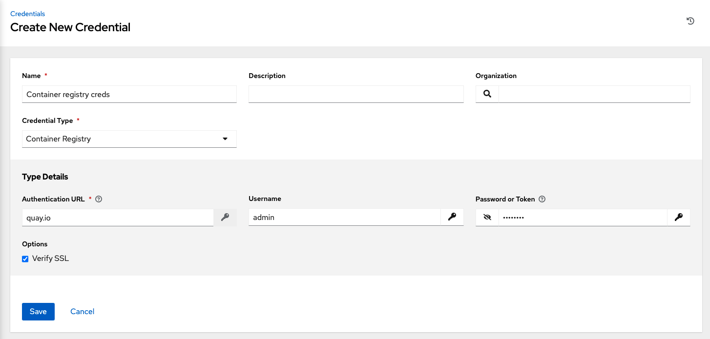 Credentials - create container credential form