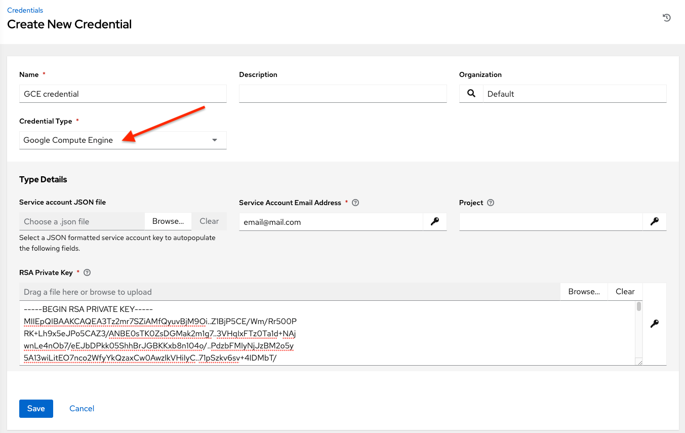 Credentials - create GCE credential form