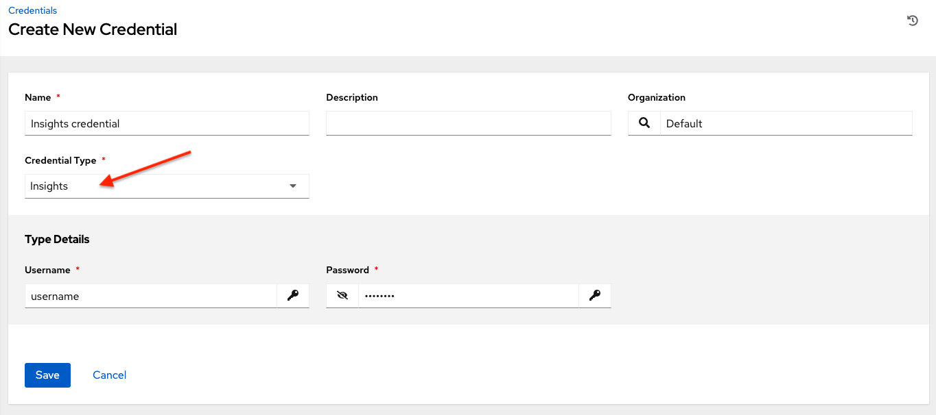 Credentials - create Insights credential form