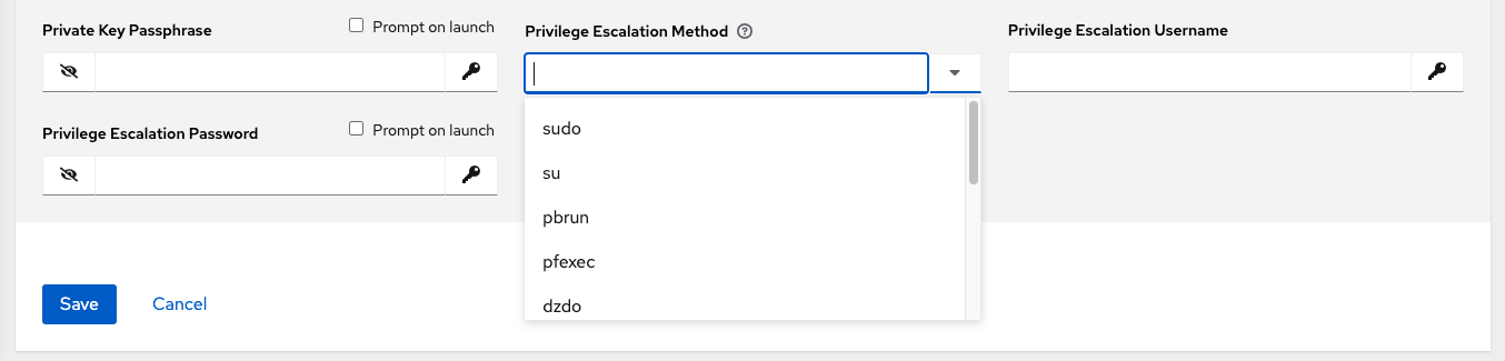 Credentials - create machine credential privilege escalation drop-down menu