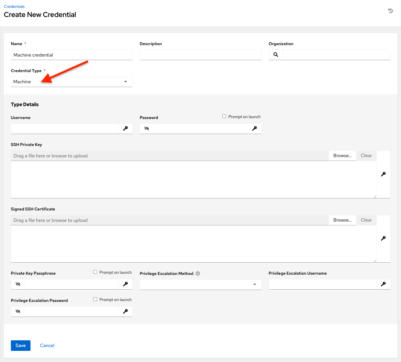 Credentials - create machine credential form