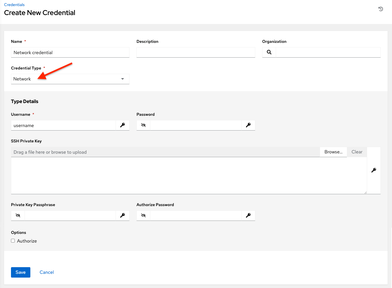 Credentials - create network credential form