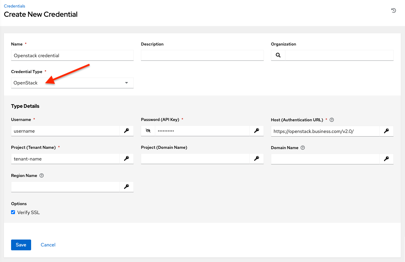 Credentials - create OpenStack credential form