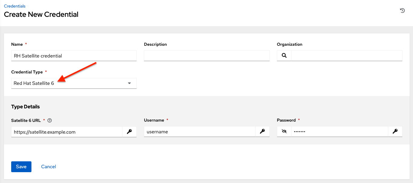 Credentials - create Red Hat Satellite 6 credential form