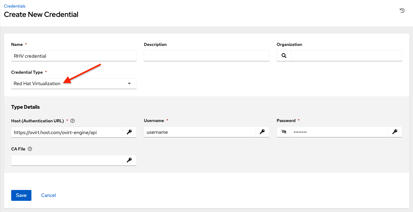 Credentials - create Red Hat Virtualization credential form