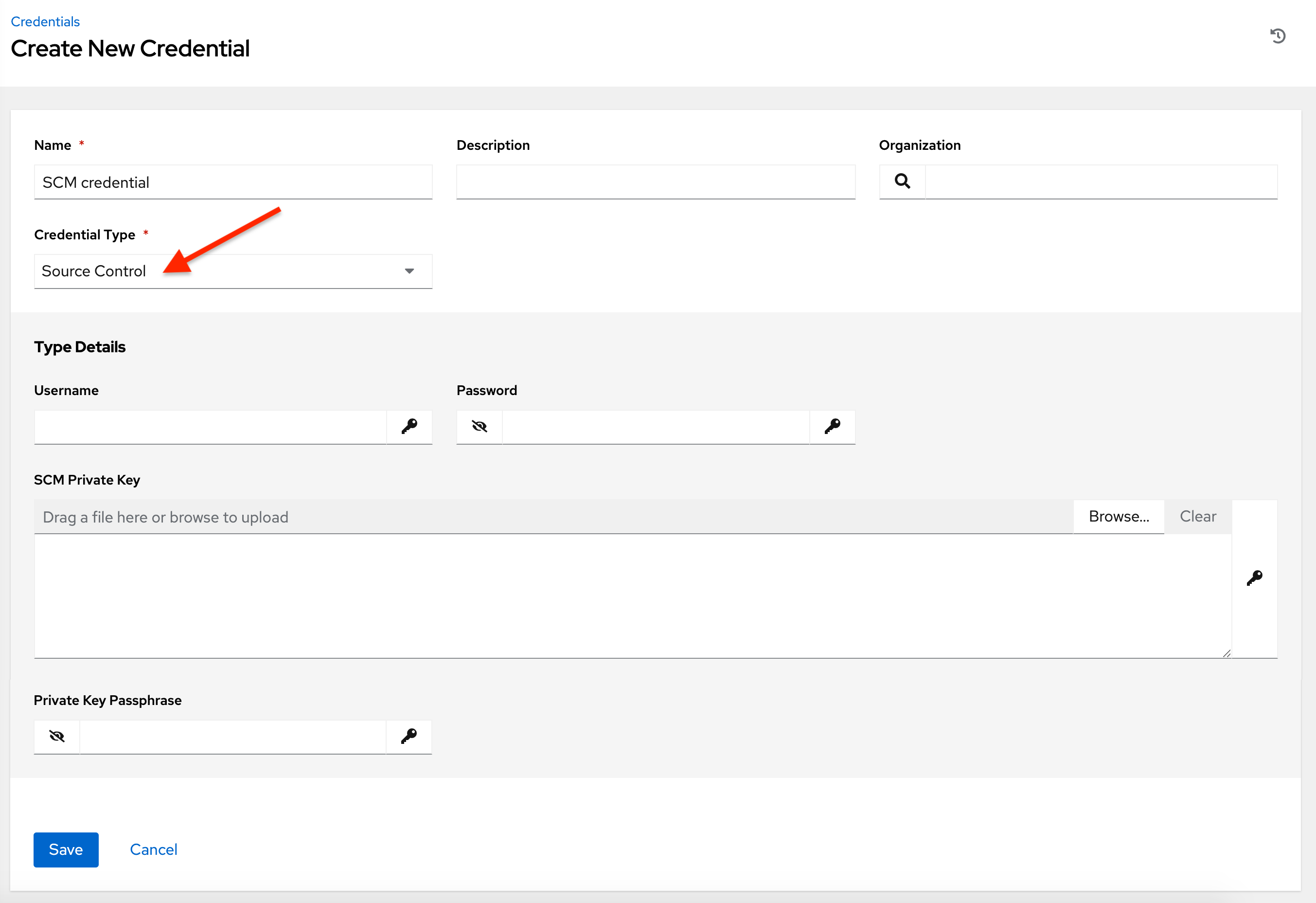 Credentials - create SCM credential form