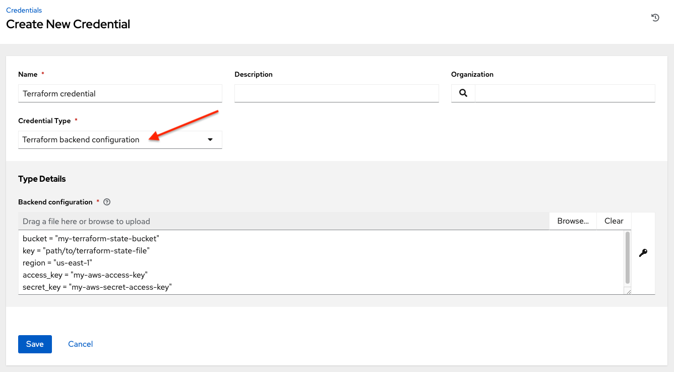 Credentials - create Terraform backend configuration credential form