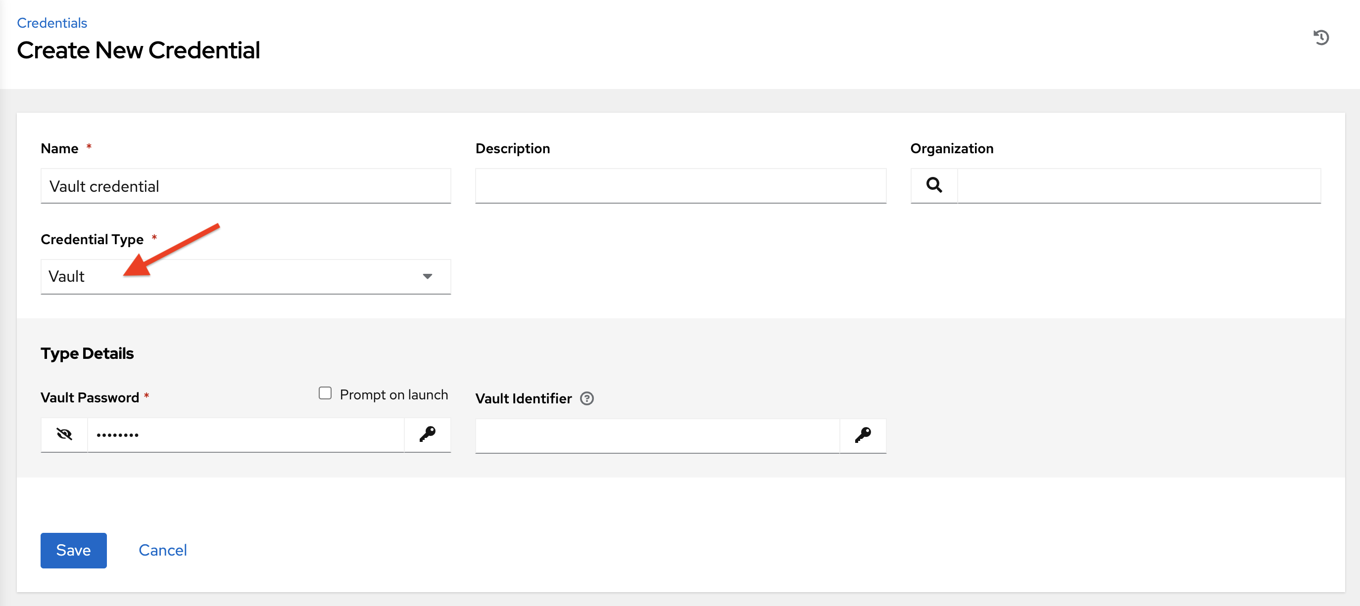 Credentials - create Vault credential form