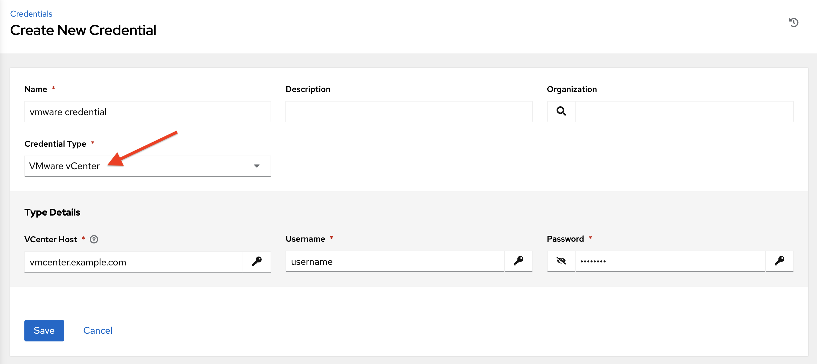 Credentials - create VMware credential form