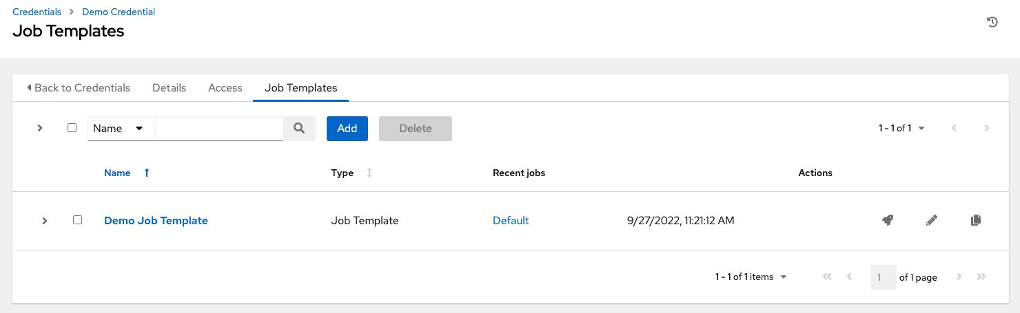 Credentials - Job Template tab for Demo credential with example job template