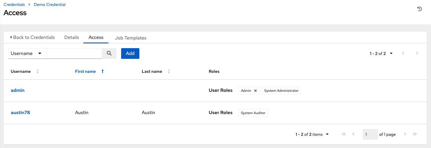 Credentials - Access tab for Demo credential containing two users with their roles