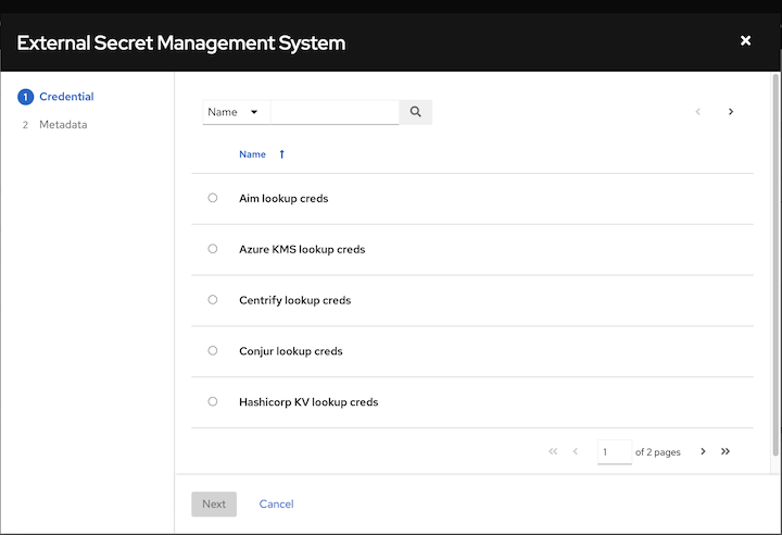 Credential section of the external secret management system dialog