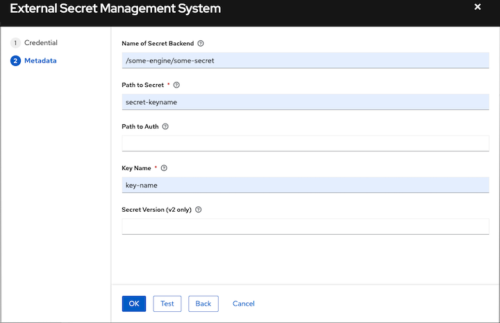 Metadata section of the external secret management system dialog