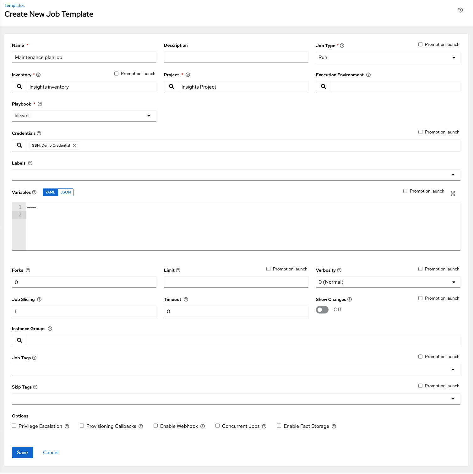 Form for creating a maintenance plan template for Insights remediation.