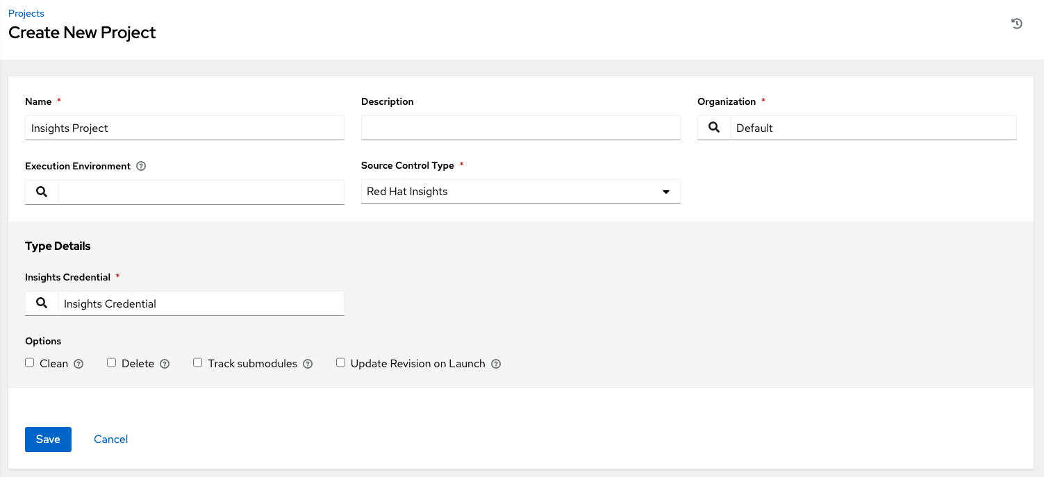 Form for creating a new Insights project with specific Insights-related details