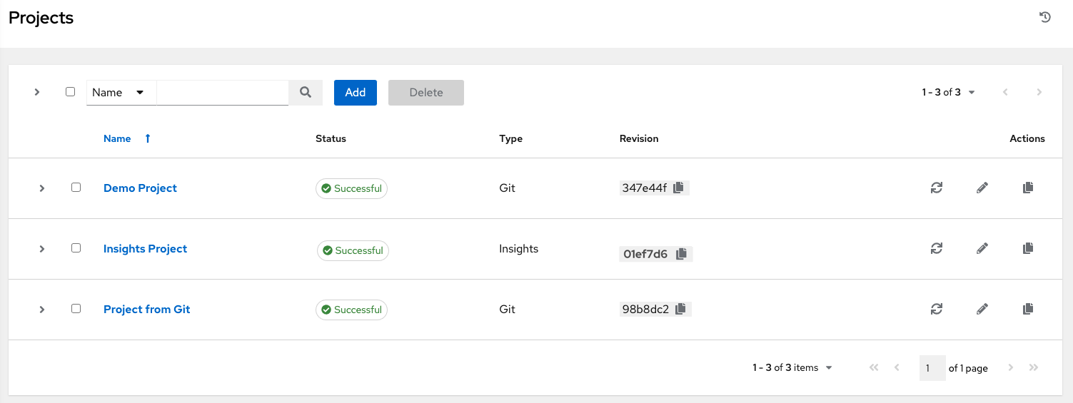 Projects list showing successfully created sample Insights project