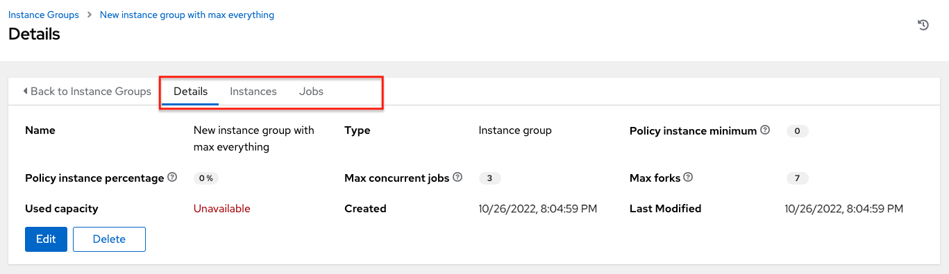 Instance group details showing how to view instances and jobs associated with an instance group