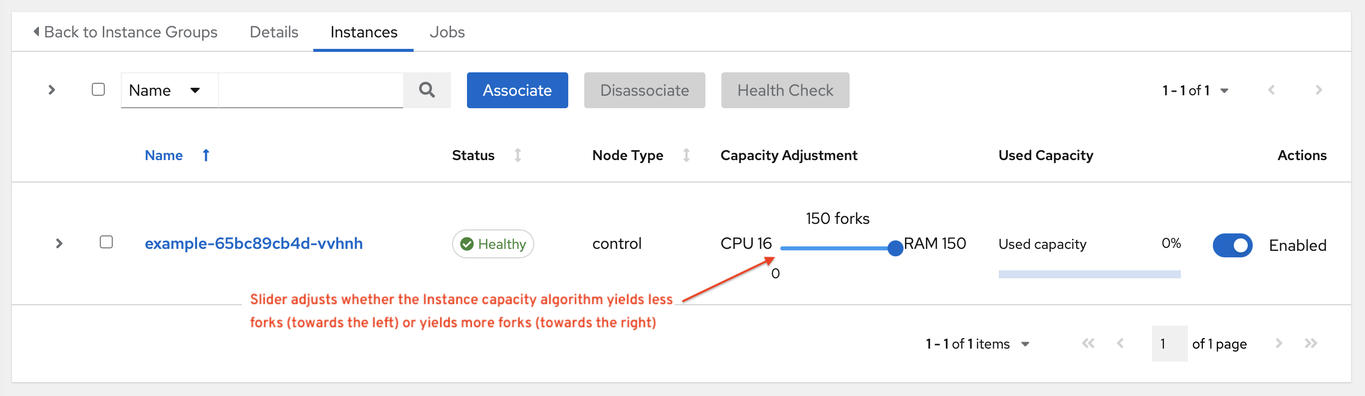 Instances tab of Instance Group showing sliders for capacity adjustment.