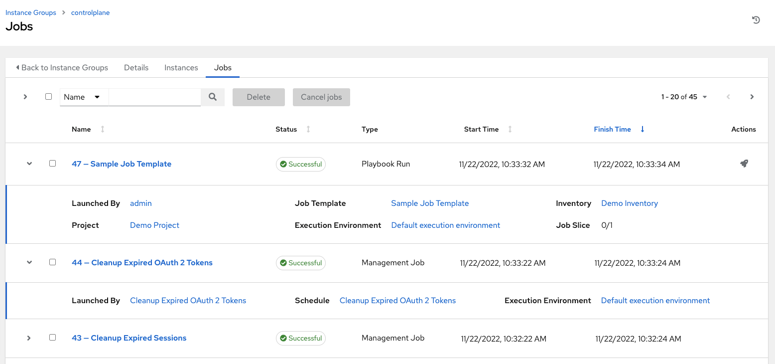 Viewing jobs associated with an instance group