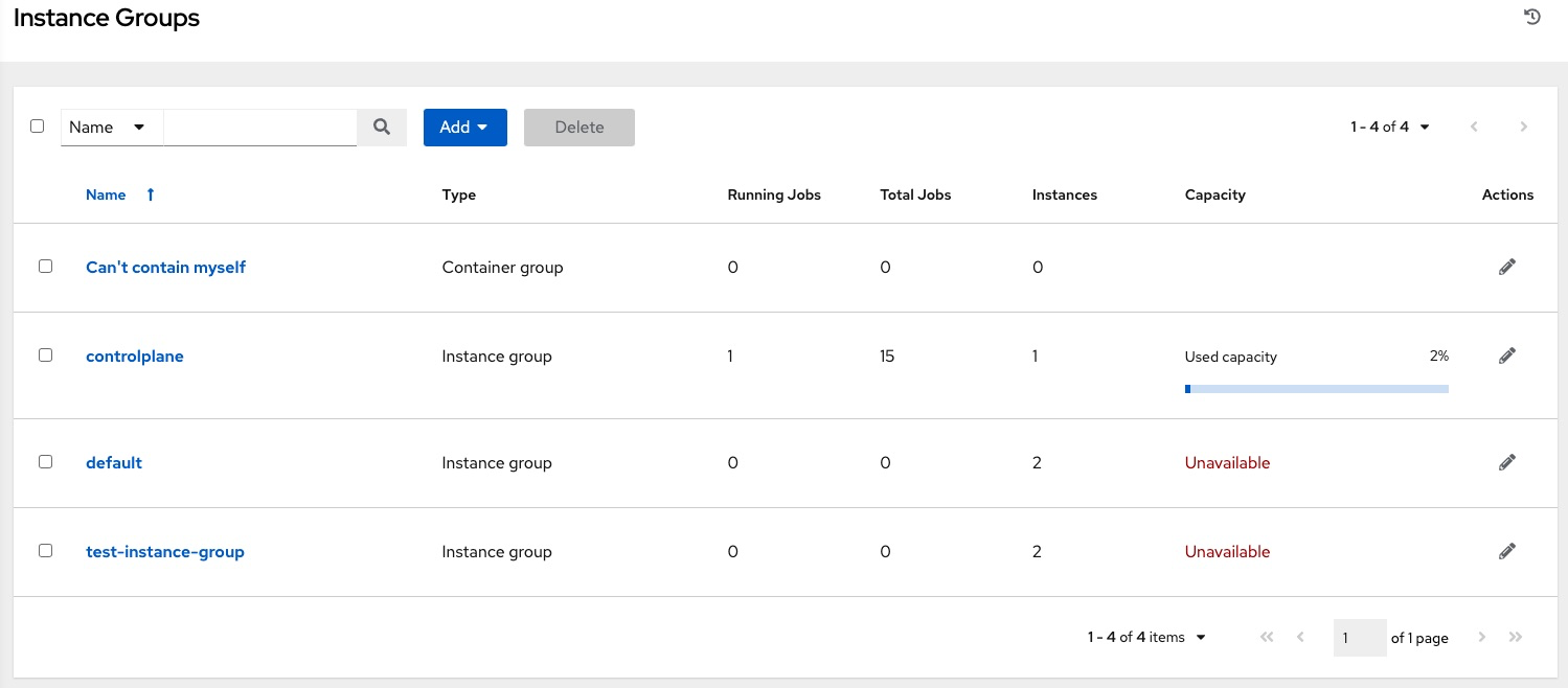 Instance groups list view showing example instance groups and one with capacity levels