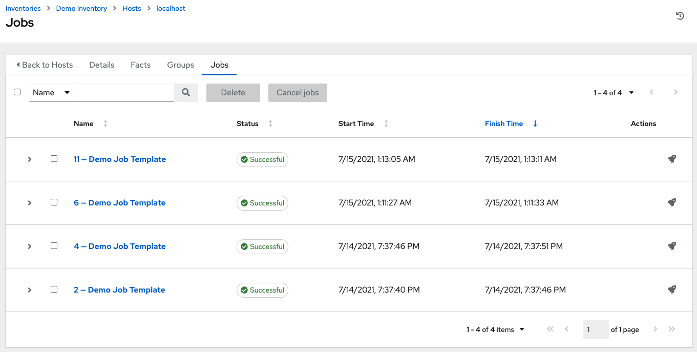 Jobs tab showing list of completed jobs associated with the selected host