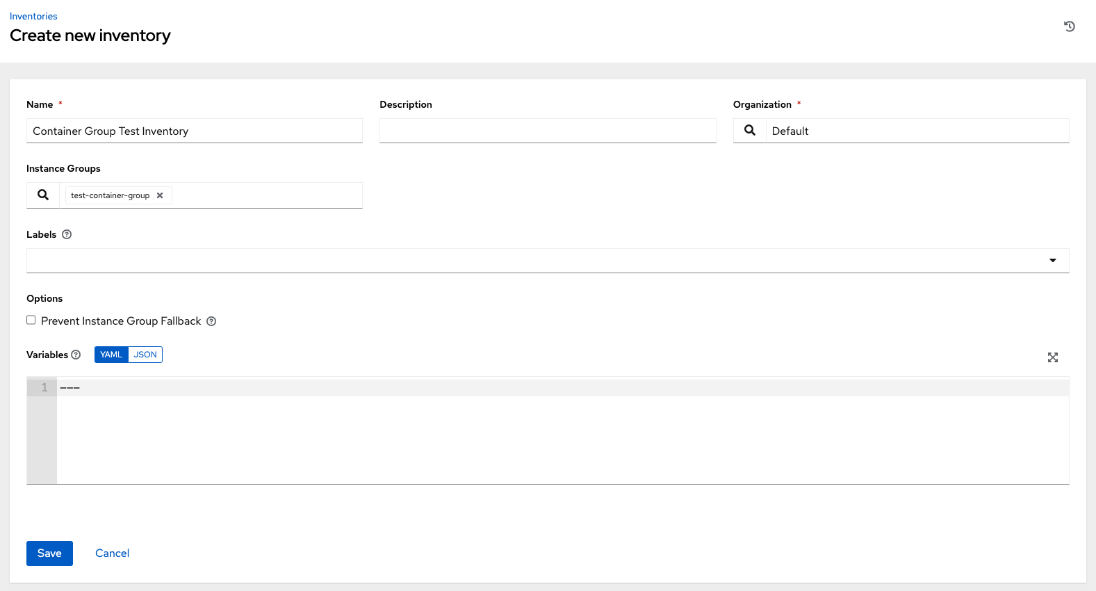 Example of creating a new container group test inventory.