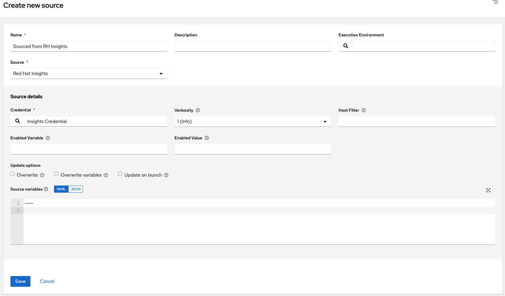 Inventories create source Red Hat Insights example