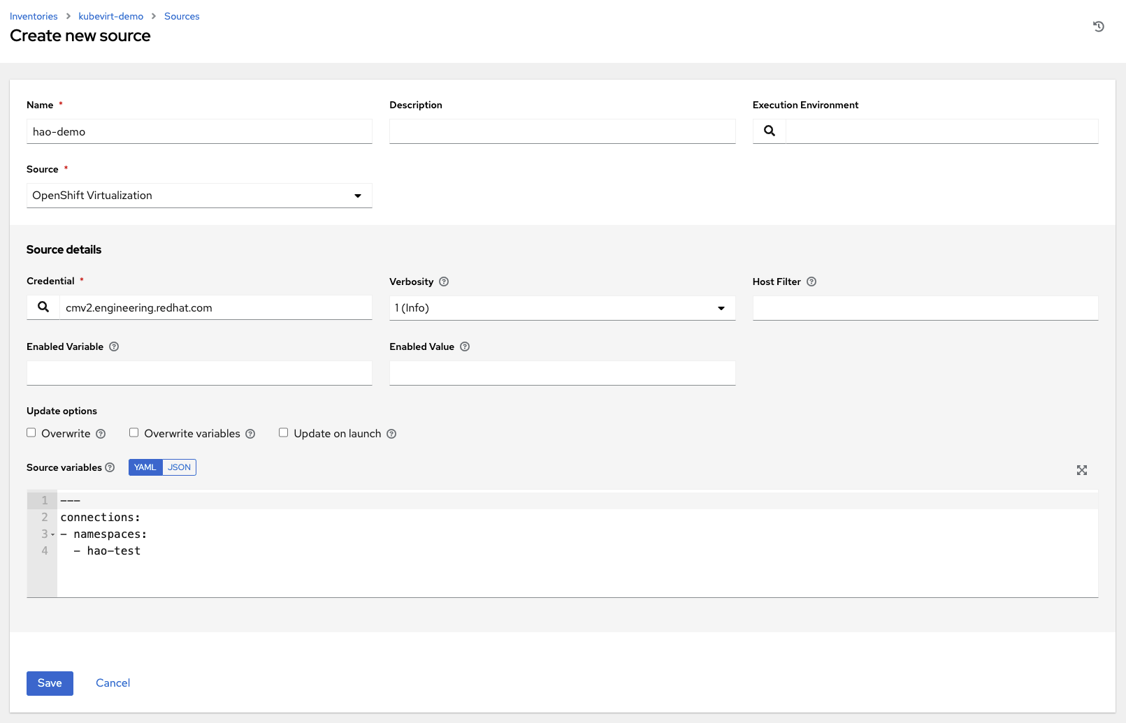 Inventories create source OpenShift virtualization example