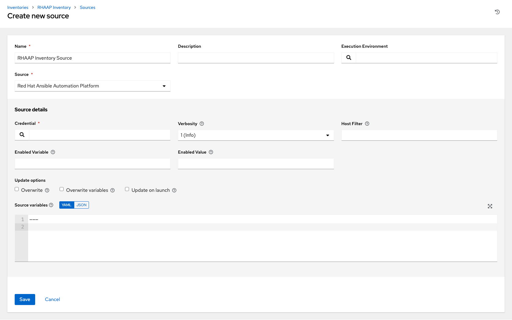 Inventories create source Red Hat Ansible Automation Platform example