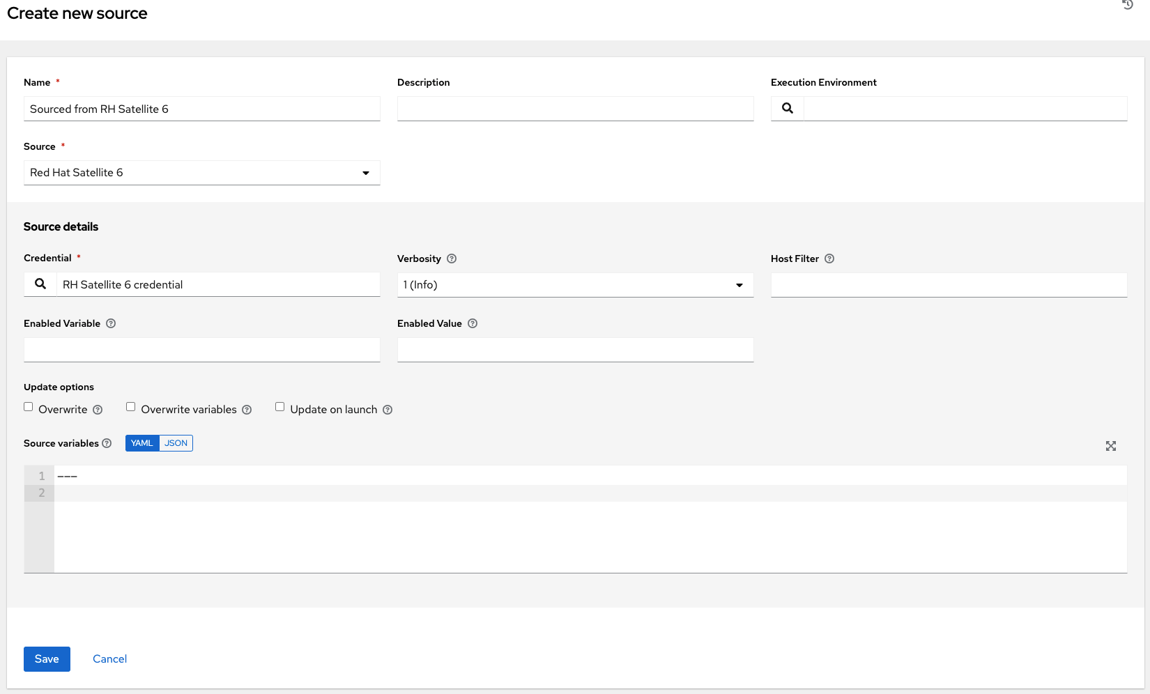 Inventories create source Red Hat Satellite example