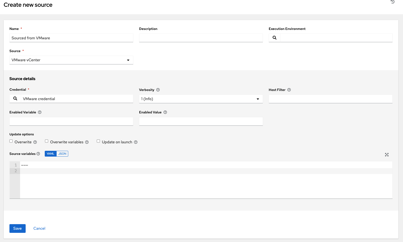 Inventories create source VMWare example