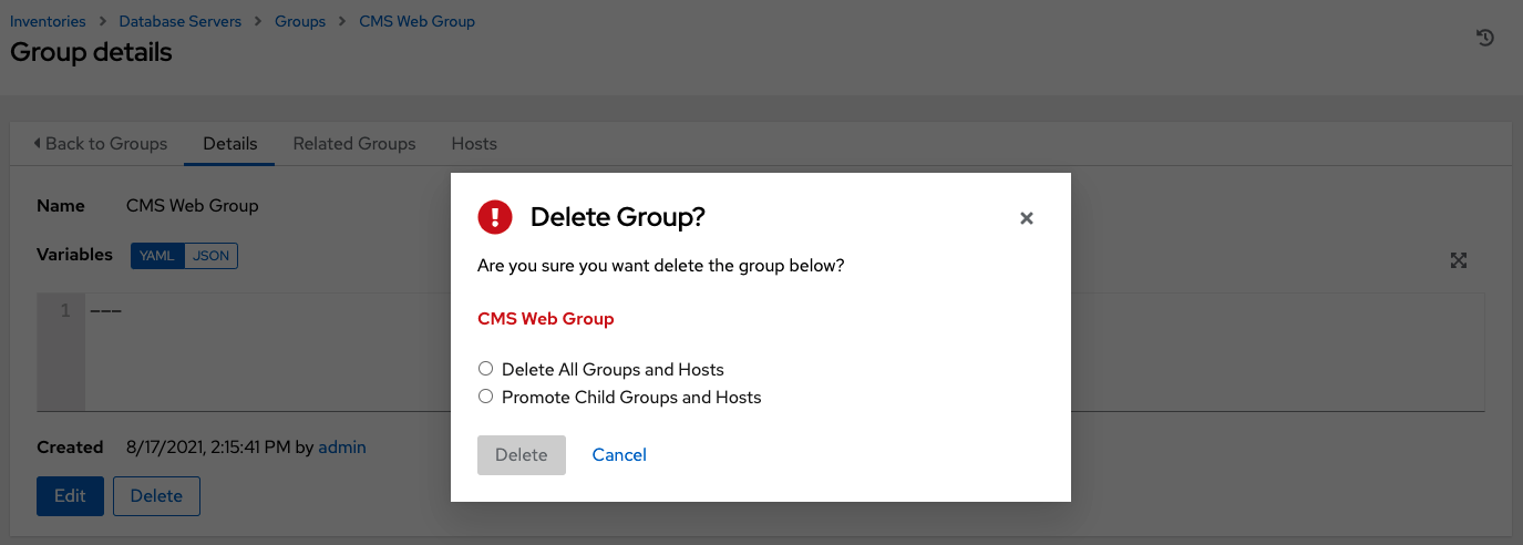 Delete group confirmation dialog box with a prompt to select whether to delete all groups and hosts or promote child groups and hosts