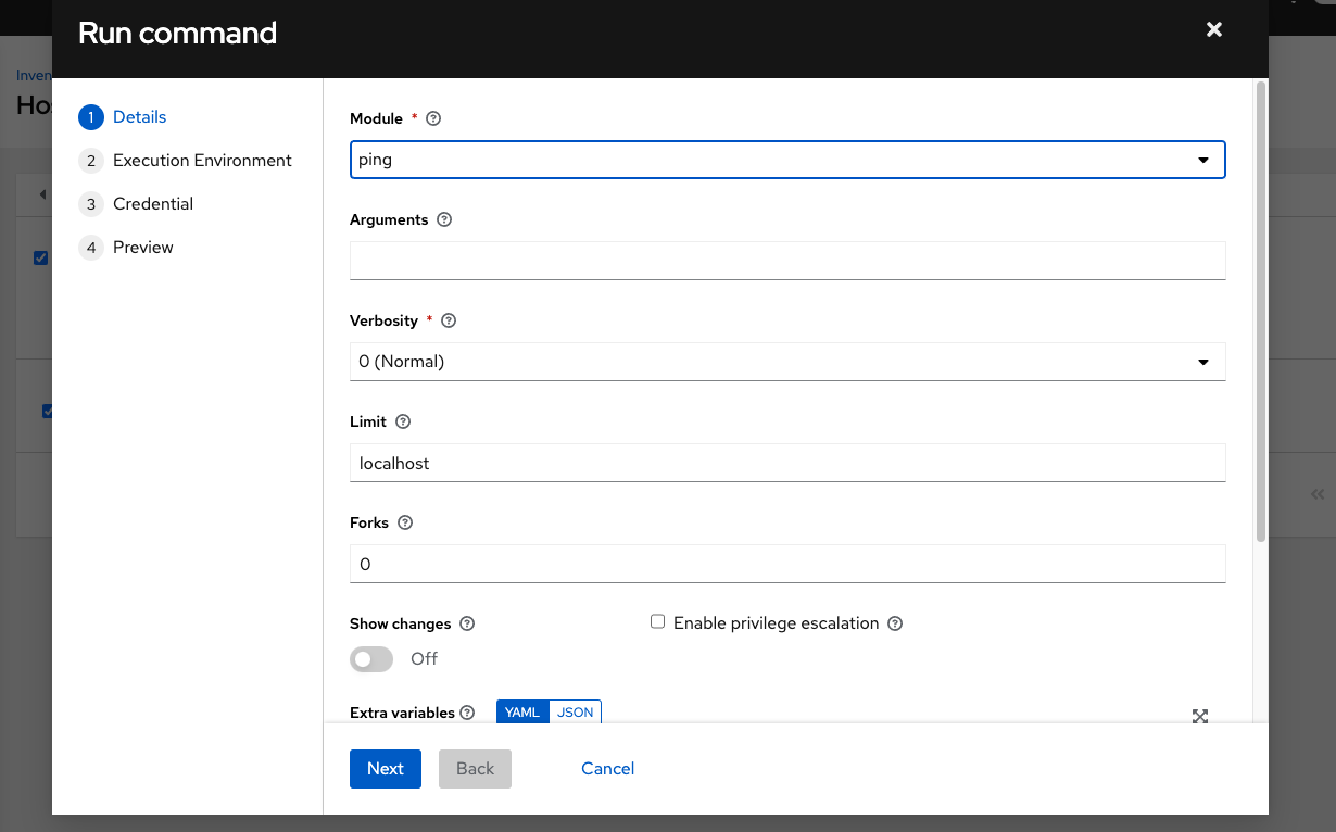 Launching a Ping adhoc command on the newly created inventory with localhost.