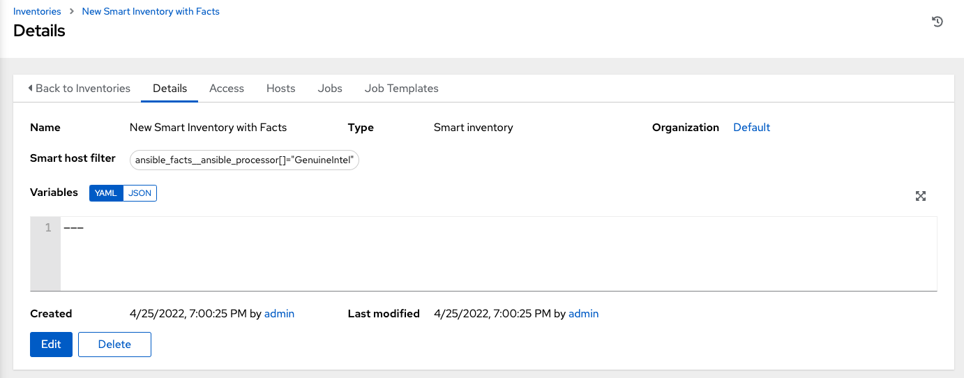 Details tab of the new Smart Inventory displaying the specified Ansible facts in the Smart host filter field