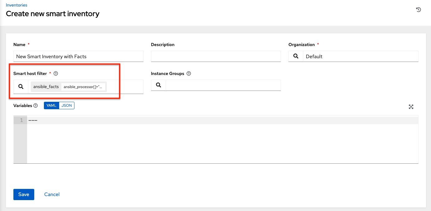 Specified search criteria for host filter Ansible facts shown in the Smart host filter field of the Create new smart inventory window