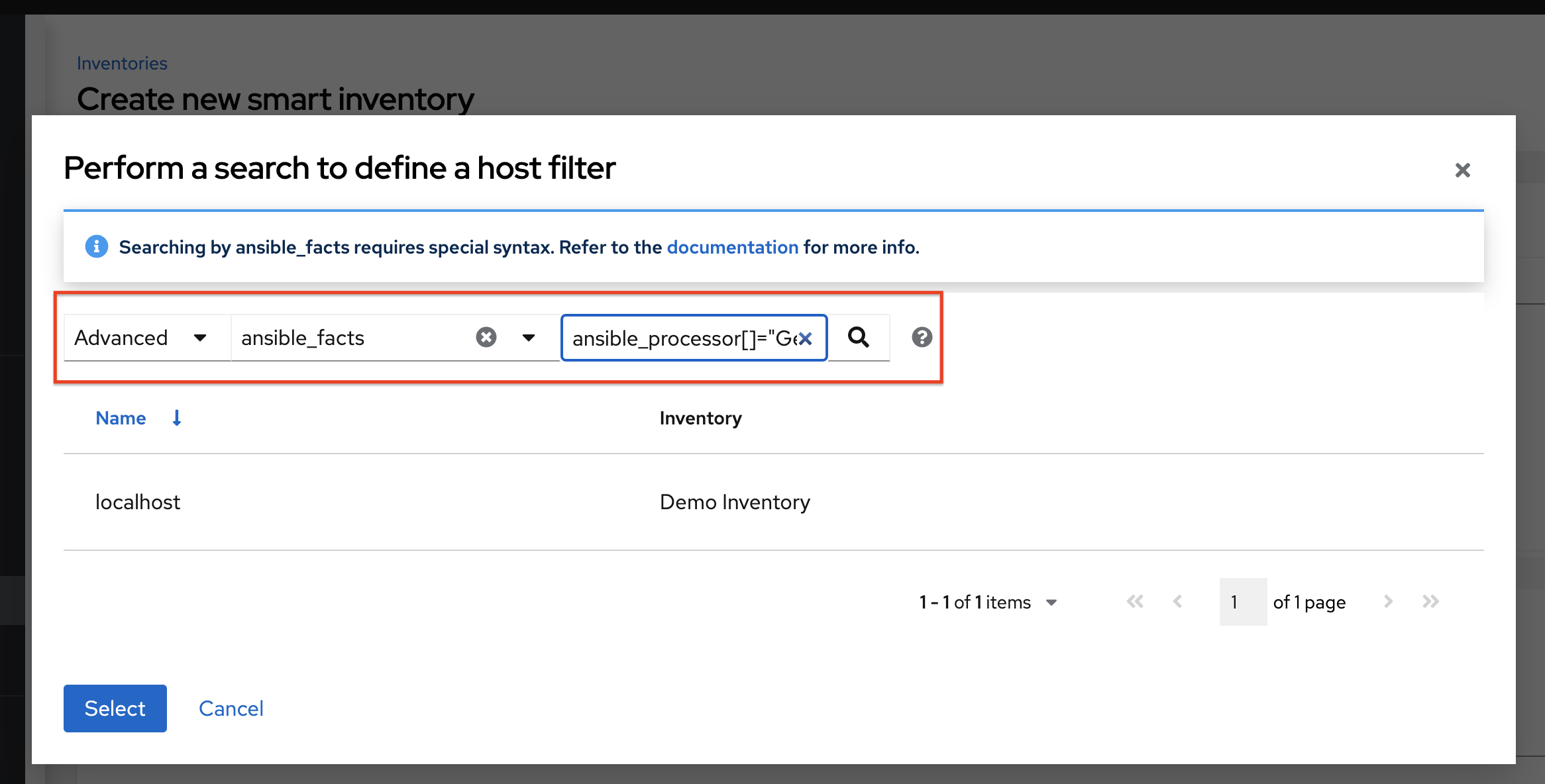 Example of an advanced search for host filter Ansible facts